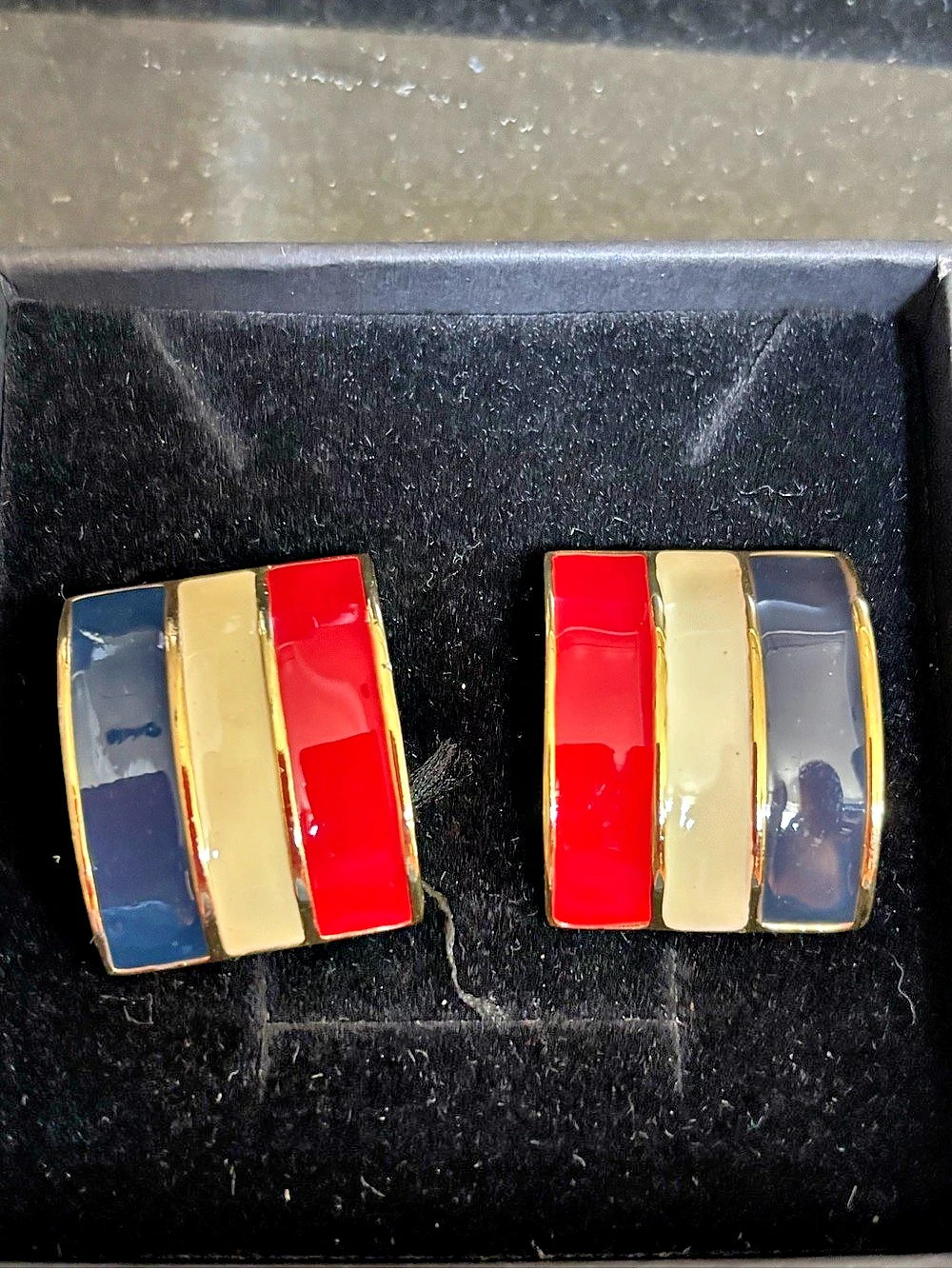 Color Block Enamel Earrings in Red & Blue Like New